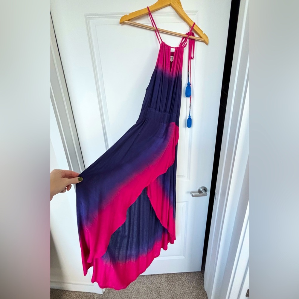 Nibi MTK Fuschia and Blue Maxi Halter Sundress with Tassle Detail, Size XS